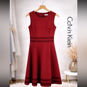 Calvin Klein Sleeveless Fit & Flare Dress in Wine Red with Band Accents